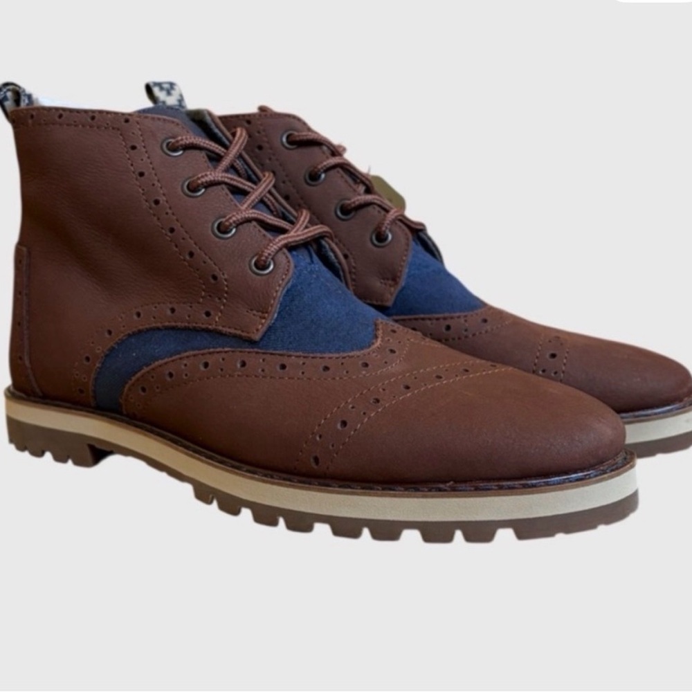 Tom’s Men's Hombres Brogue Leather Chestnut Brown Blue Preppy Boots